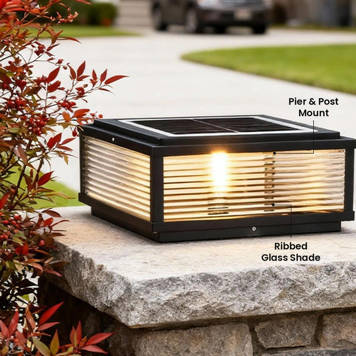 Square Pillar Light: Ribbed Glass Shade, Pier & Post Mount