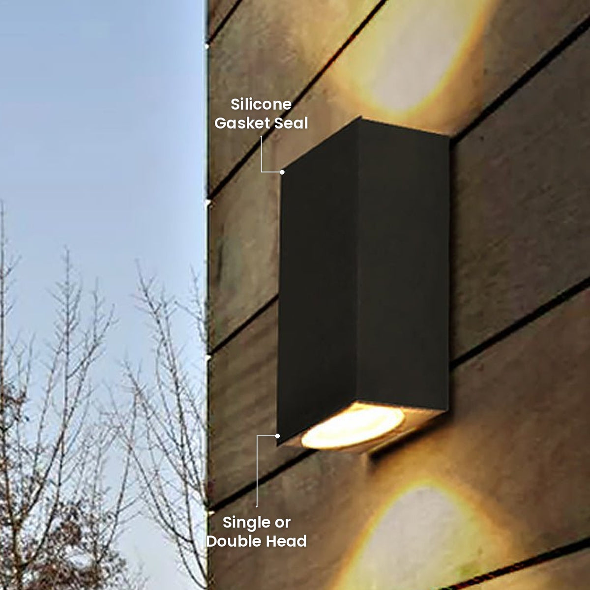 Square Up and Down Wall Light: Silicone Gasket Seal, Single or Double Head