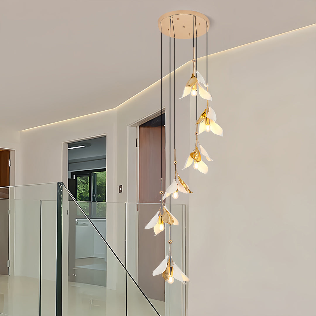 Ceramic Blossom Spiral Staircase Chandelier, Gold Iron Long Drop Light 3