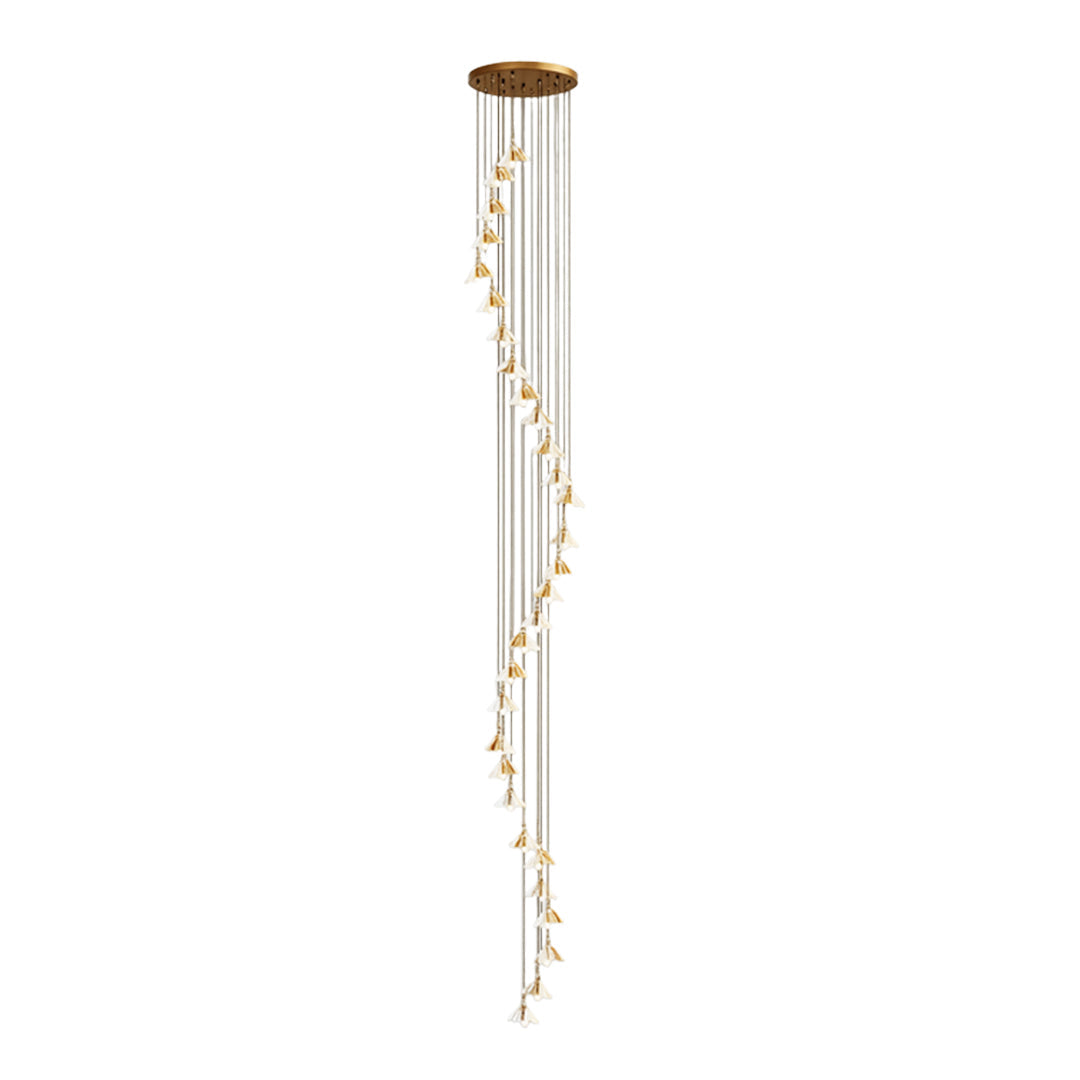 Ceramic Blossom Spiral Staircase Chandelier, Gold Iron Long Drop Light 8