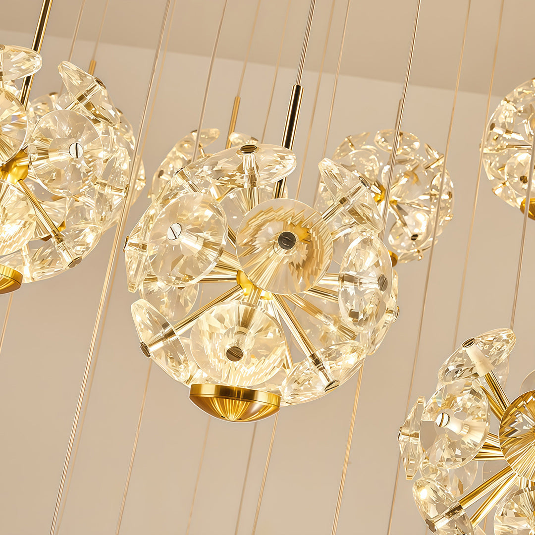 Crystal Flower Ball Staircase Chandelier, Gold Iron Long Drop Light 5