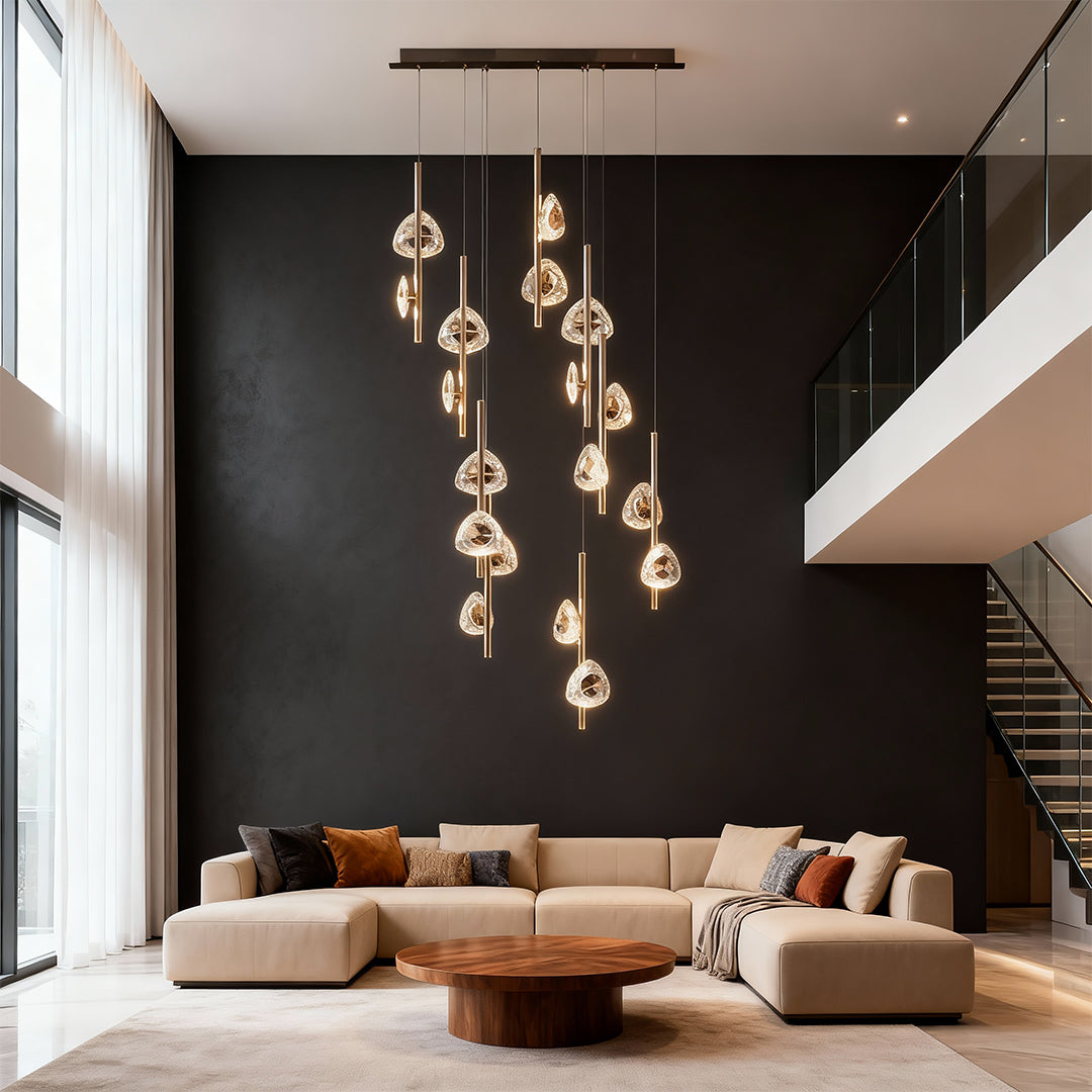 Crystal Petal Rod Staircase Chandelier, Linear Gold Long Drop Light