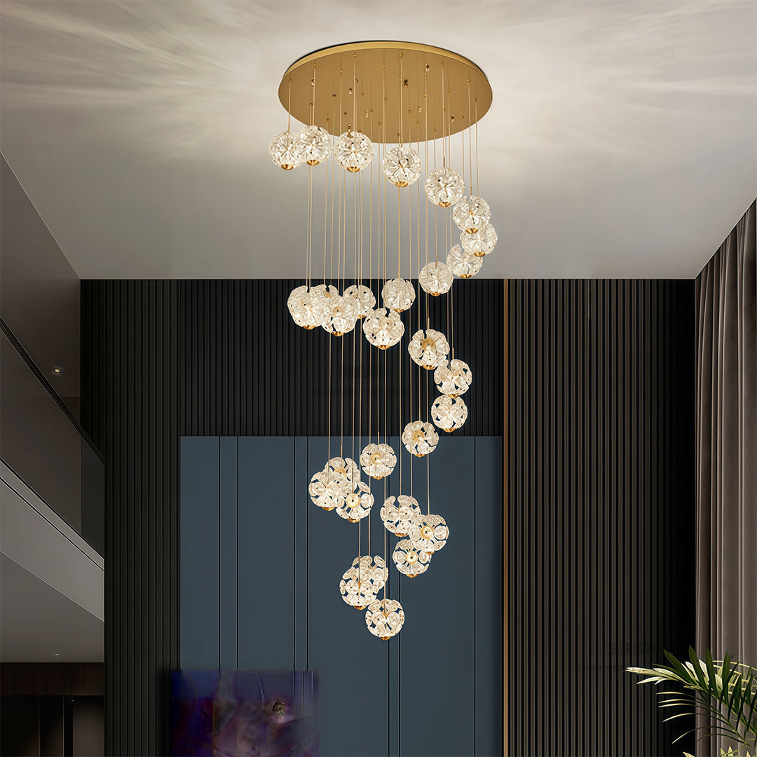 Crystal Flower Ball Staircase Chandelier, Gold Iron Long Drop Light 2