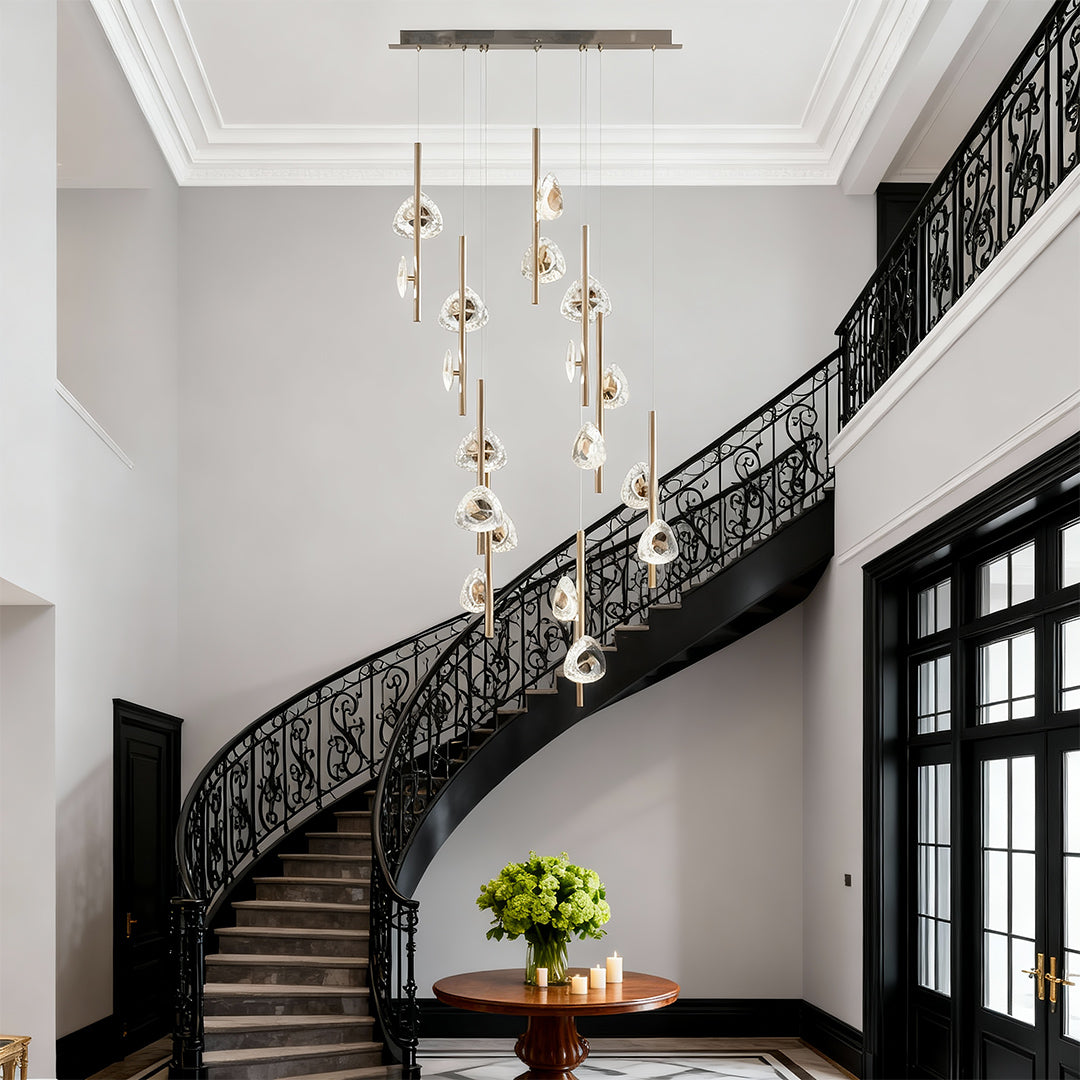 Crystal Petal Rod Staircase Chandelier, Linear Gold Long Drop Light 3