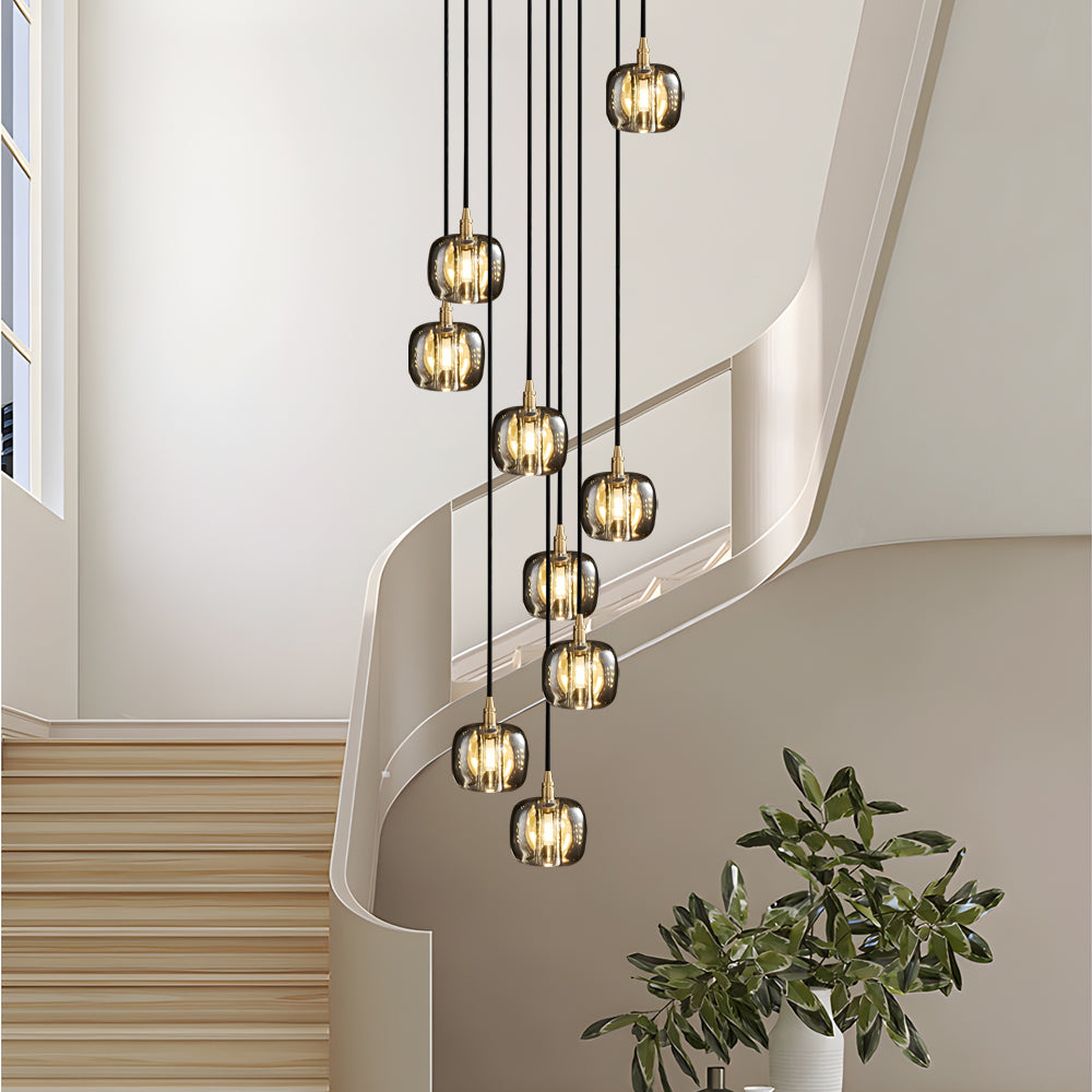 Crystal Cube Spiral Staircase Chandelier, Copper Long Drop Light 6
