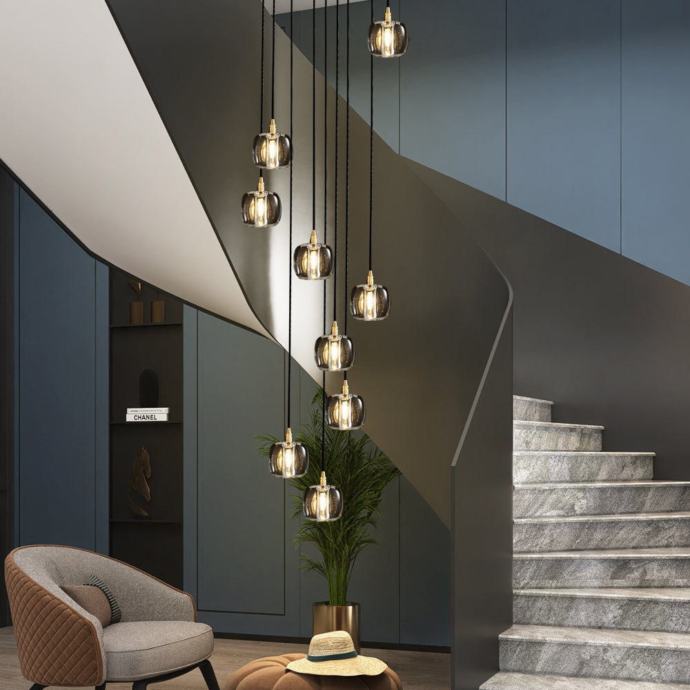 Crystal Cube Spiral Staircase Chandelier, Copper Long Drop Light 14