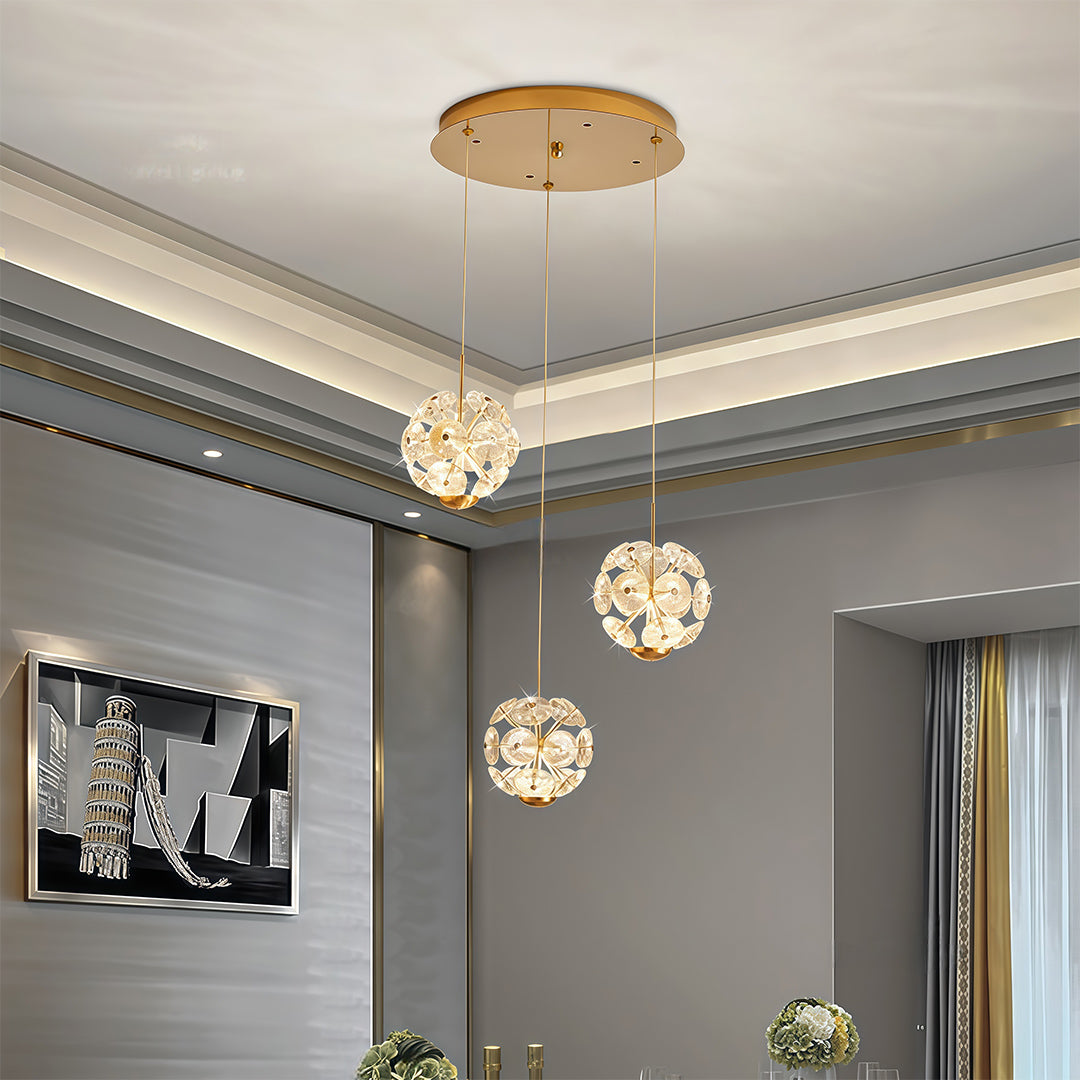 Crystal Flower Ball Staircase Chandelier, Gold Iron Long Drop Light 3