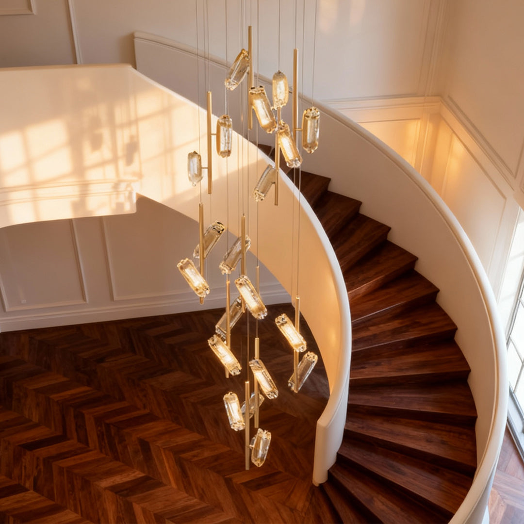 Faceted Block Staircase Chandelier, Gold Aluminum Long Drop Light 5
