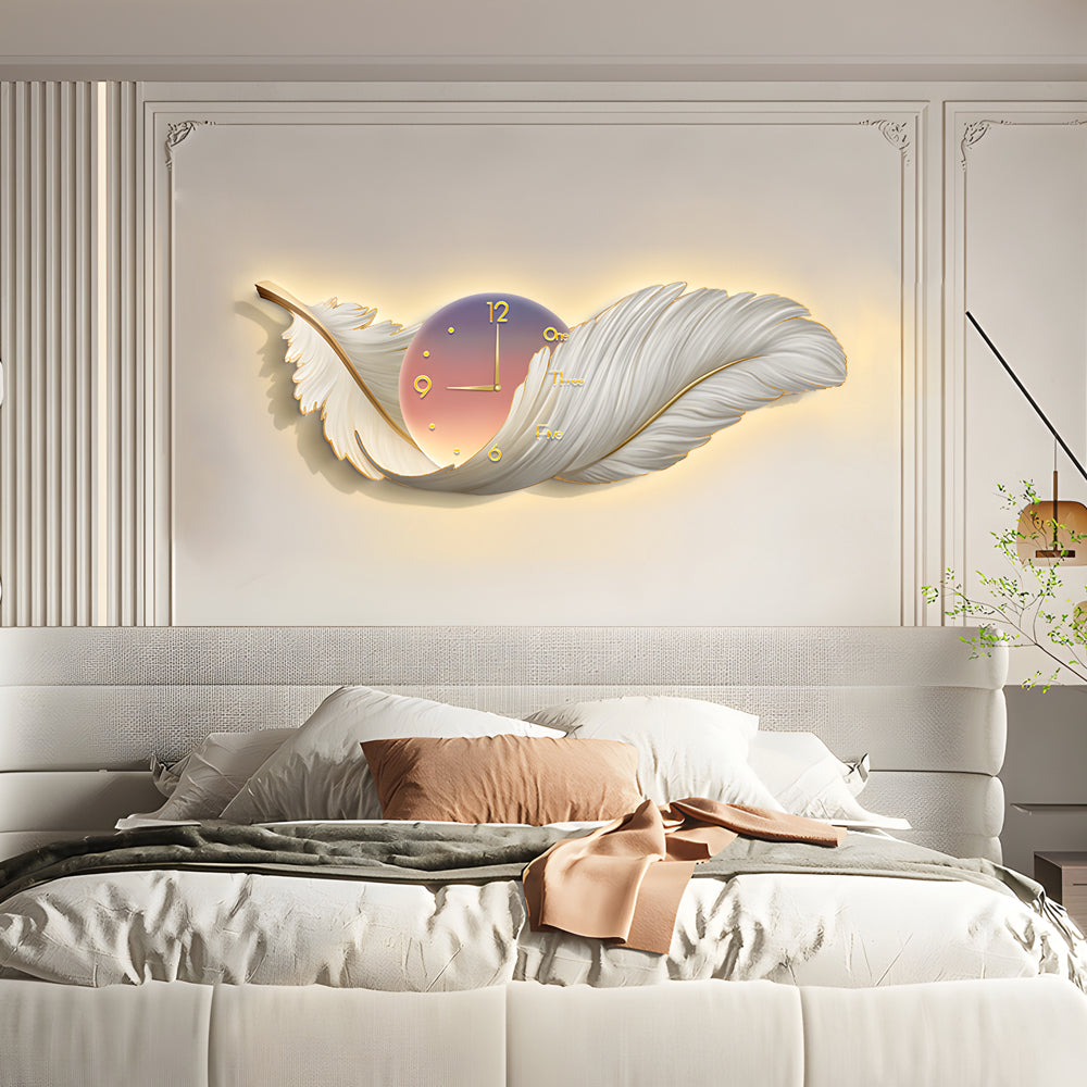 Sweeping Feather Clock Wall Art, Embossed Backlit Wall Light