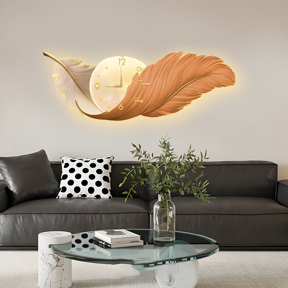 Sweeping Feather Clock Wall Art, Embossed Backlit Wall Light