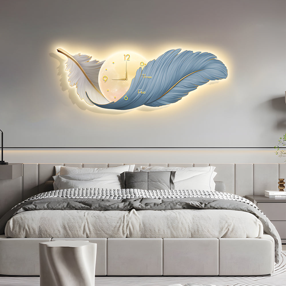 Sweeping Feather Clock Wall Art, Embossed Backlit Wall Light