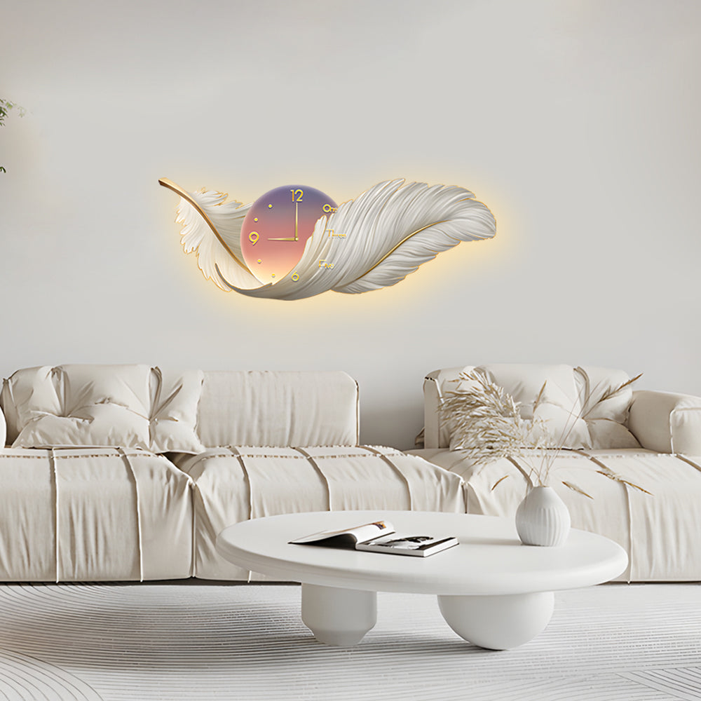 Sweeping Feather Clock Wall Art, Embossed Backlit Wall Light