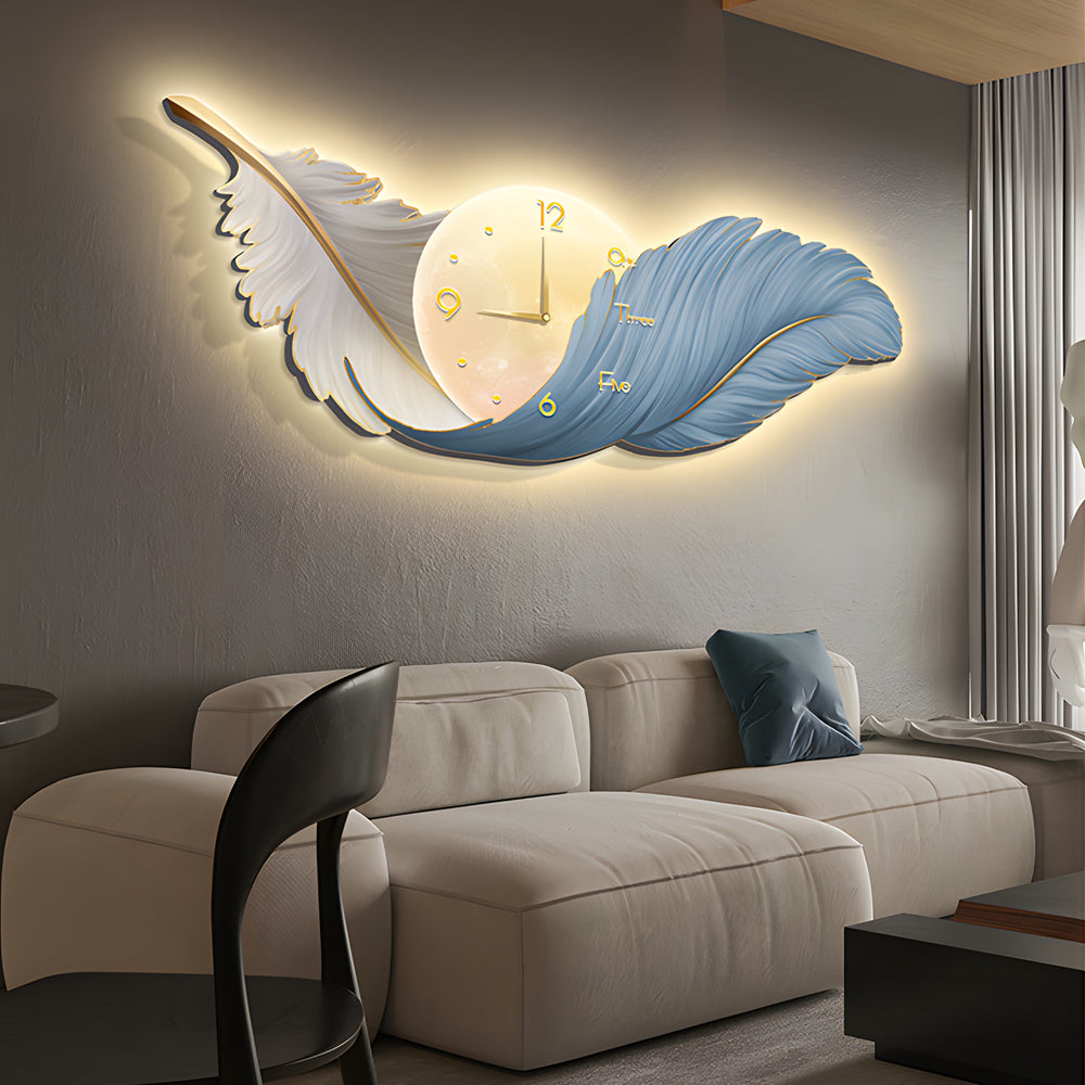 Sweeping Feather Clock Wall Art, Embossed Backlit Wall Light