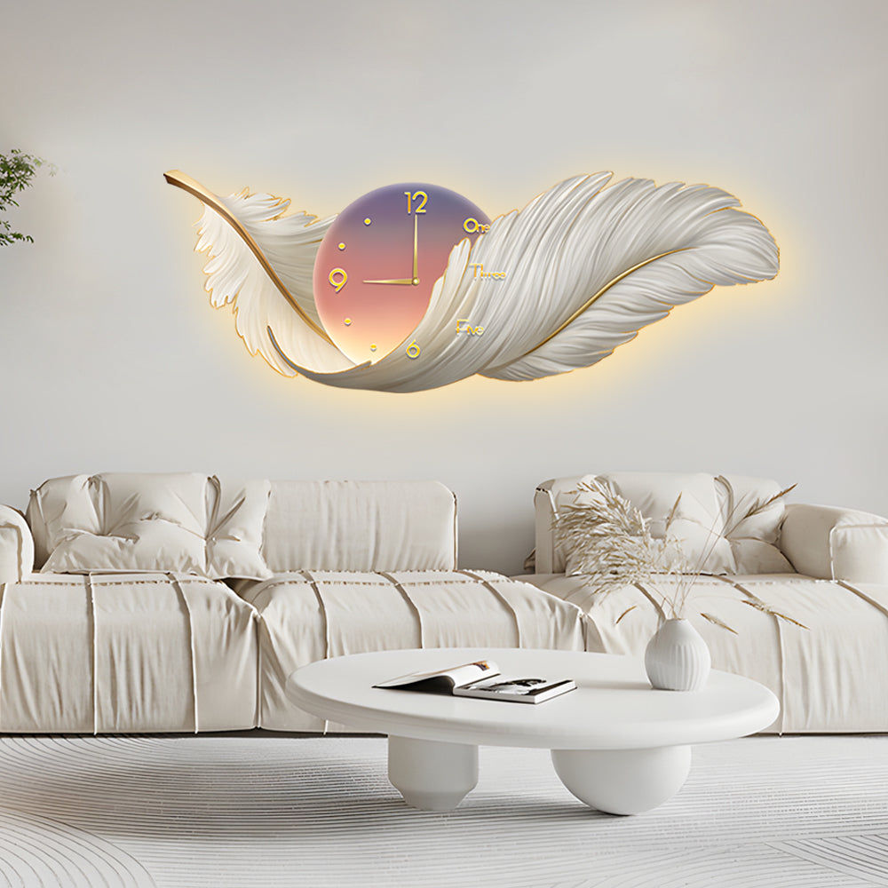 Sweeping Feather Clock Wall Art, Embossed Backlit Wall Light