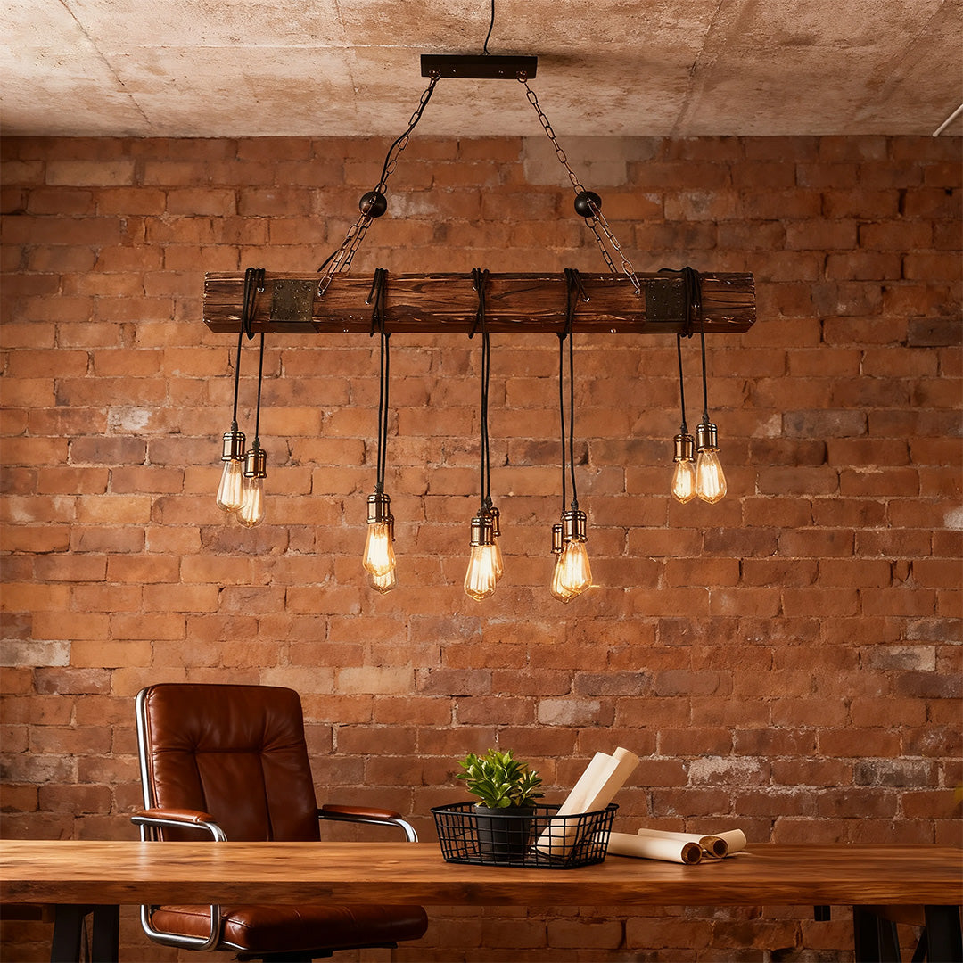 Timber Beam Edison Linear Chandelier, Black Iron and Wood Light
