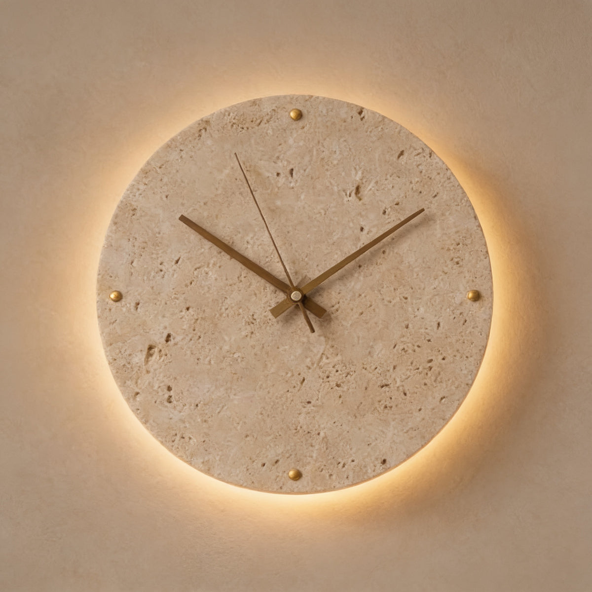 Travertine Stone Wall Clock with Warm LED Backlight, Round