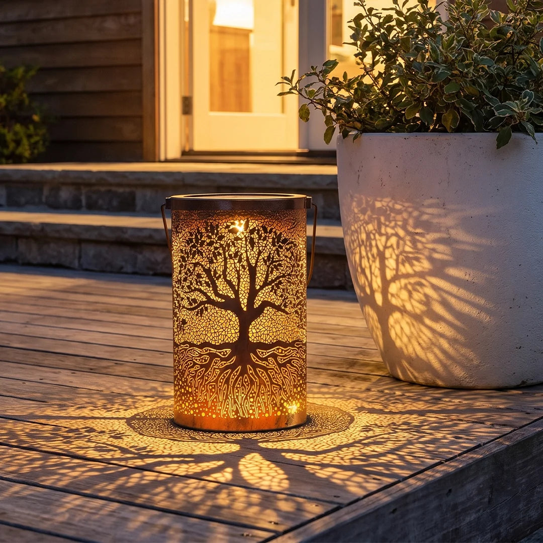 Set of 2 Tree of Life Solar Lanterns, Copper Iron Hanging Lanterns