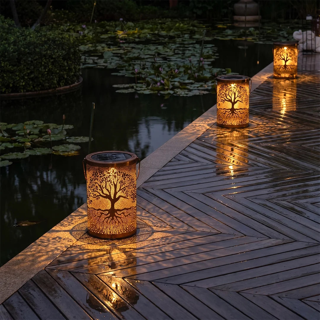 Set of 2 Tree of Life Solar Lanterns, Copper Iron Hanging Lanterns 2