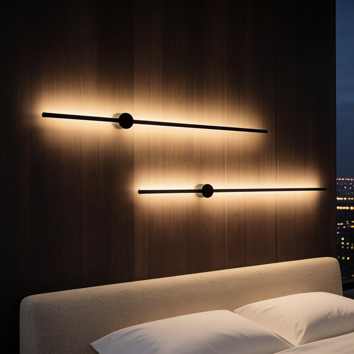 Two Ultra Thin Linear Wall Lights on an oak wall above a bed