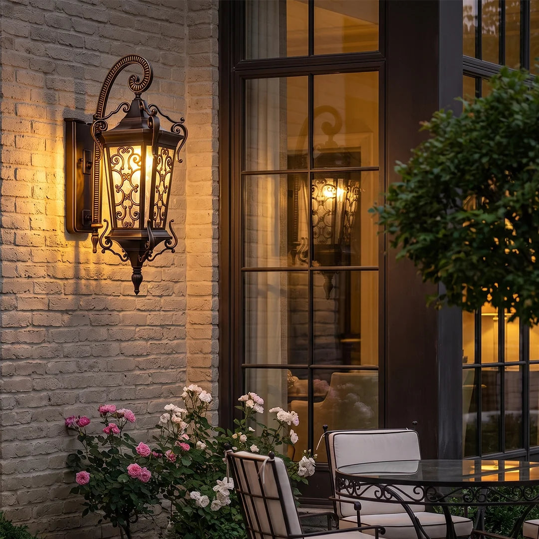 Scrollwork Lantern Outdoor Light, Coffee Gold Wall Lantern