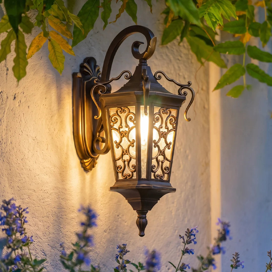 Scrollwork Lantern Outdoor Light, Coffee Gold Wall Lantern