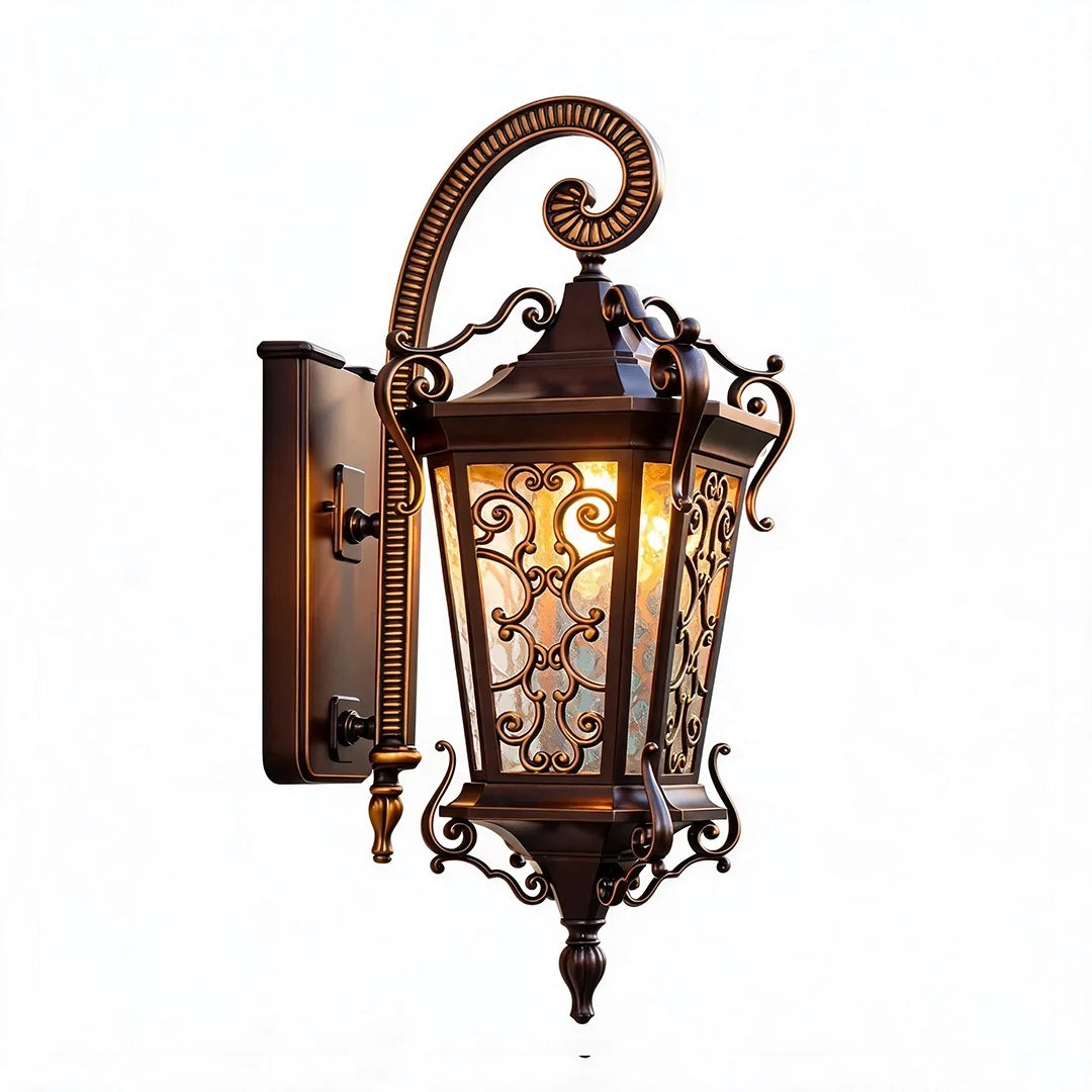 Scrollwork Lantern Outdoor Light, Coffee Gold Wall Lantern