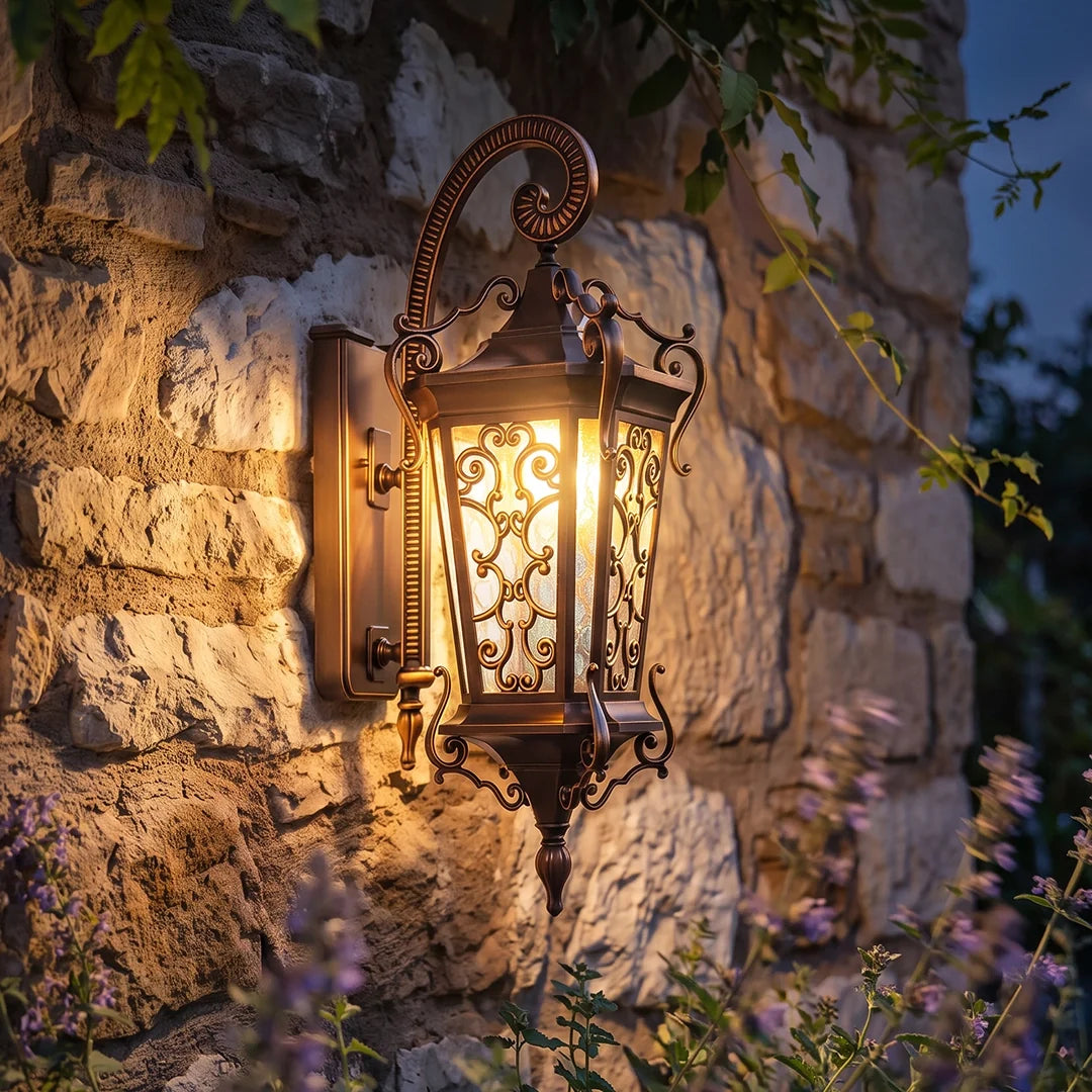 Scrollwork Lantern Outdoor Light, Coffee Gold Wall Lantern