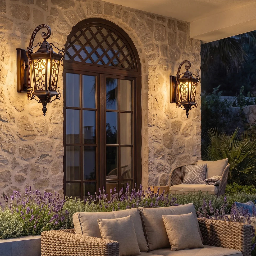 Scrollwork Lantern Outdoor Light, Coffee Gold Wall Lantern