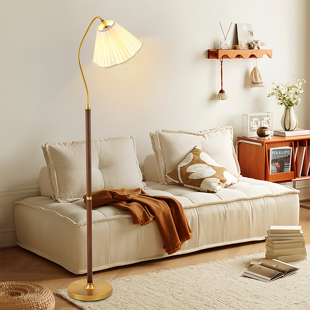 Retro Walnut Floor Lamp, Fabric Shade American Standing Light, view 5