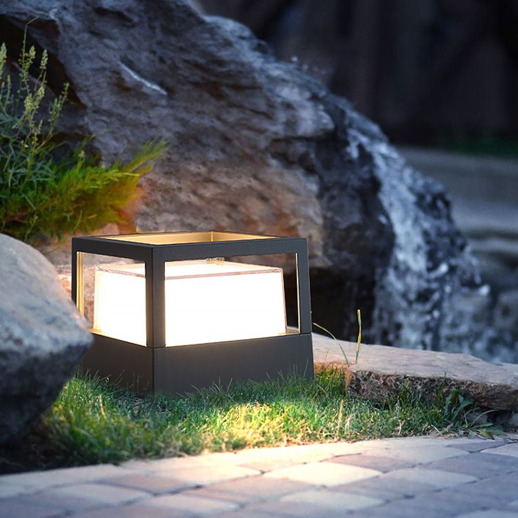 Stepped Cube Pillar Light, Black Aluminum Post Cap Light
