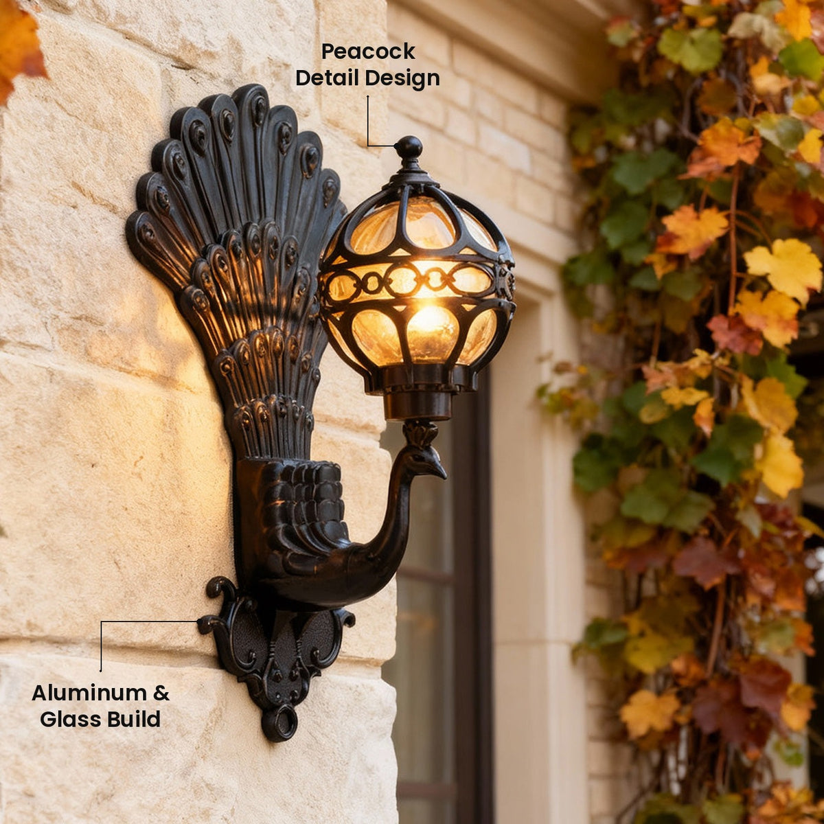 Peacock Wall Sconce: Peacock Detail Design, Aluminum & Glass Build