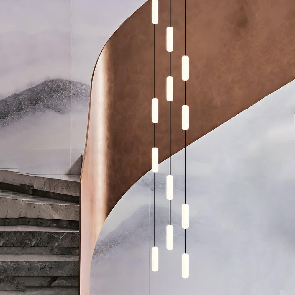Frosted Capsule Staircase Chandelier, Black Iron LED Long Drop Light 5