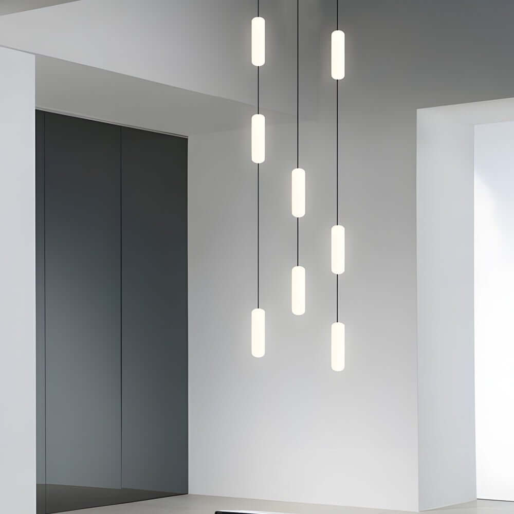 Frosted Capsule Staircase Chandelier, Black Iron LED Long Drop Light 6