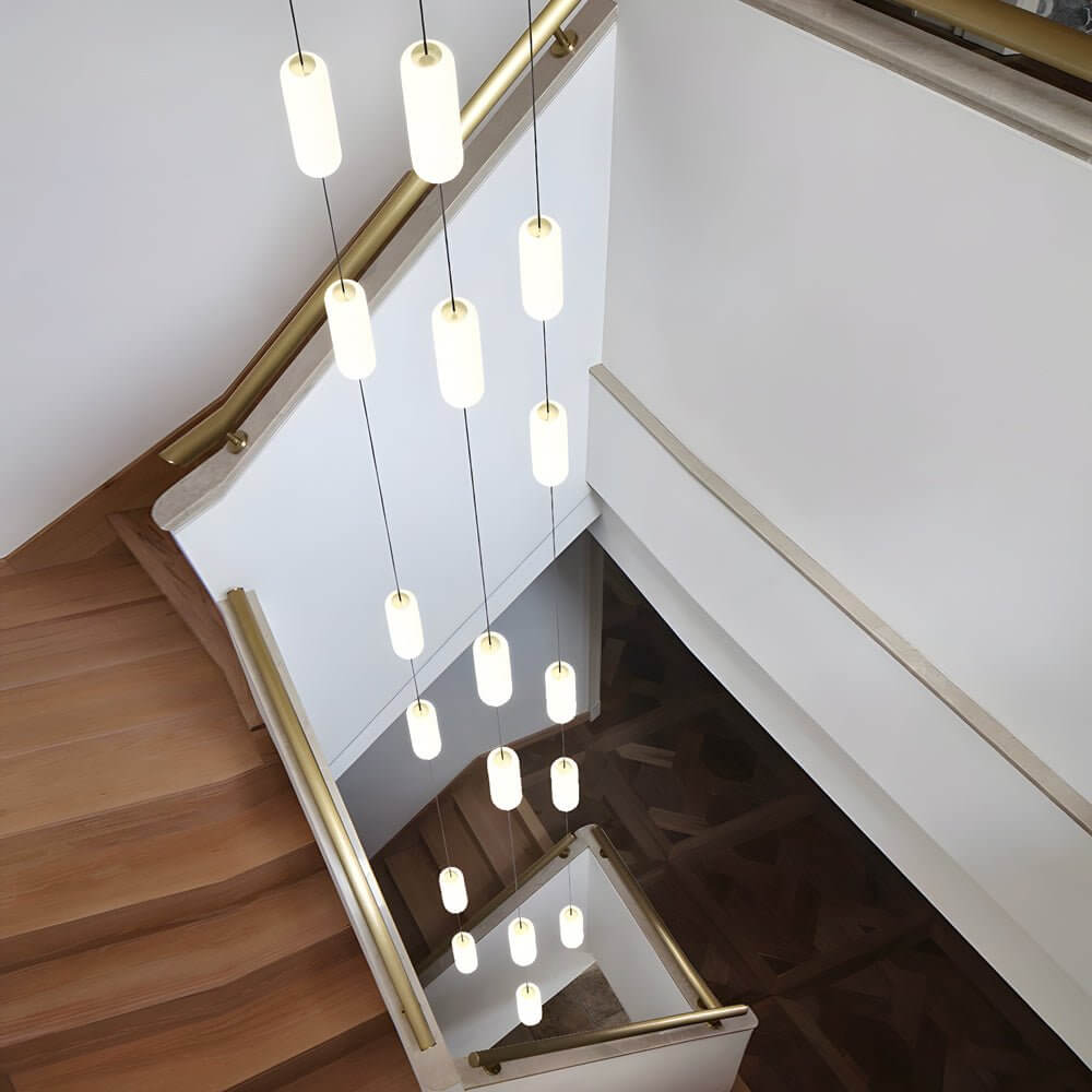 Frosted Capsule Staircase Chandelier, Black Iron LED Long Drop Light 7