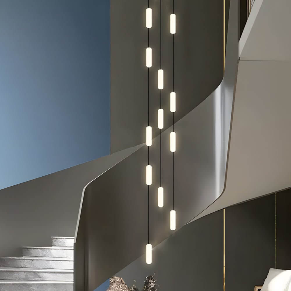 Frosted Capsule Staircase Chandelier, Black Iron LED Long Drop Light