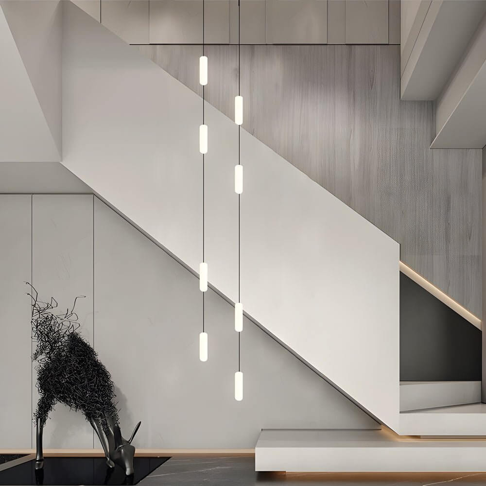 Frosted Capsule Staircase Chandelier, Black Iron LED Long Drop Light 2