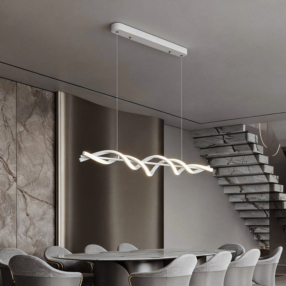 White Spiral LED Linear Pendant, Twisted Silicone Island Light
