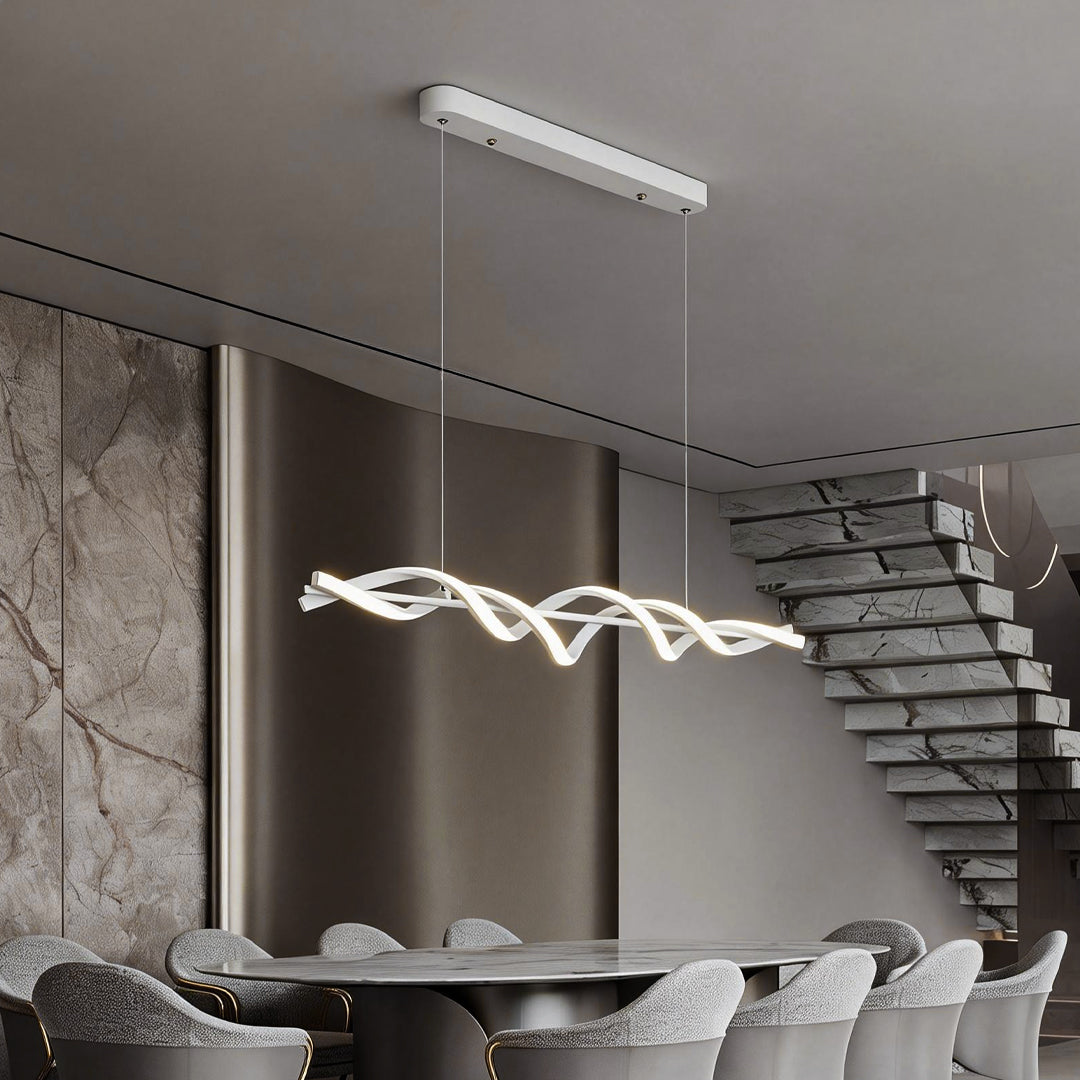 White Spiral LED Linear Pendant, Twisted Silicone Island Light