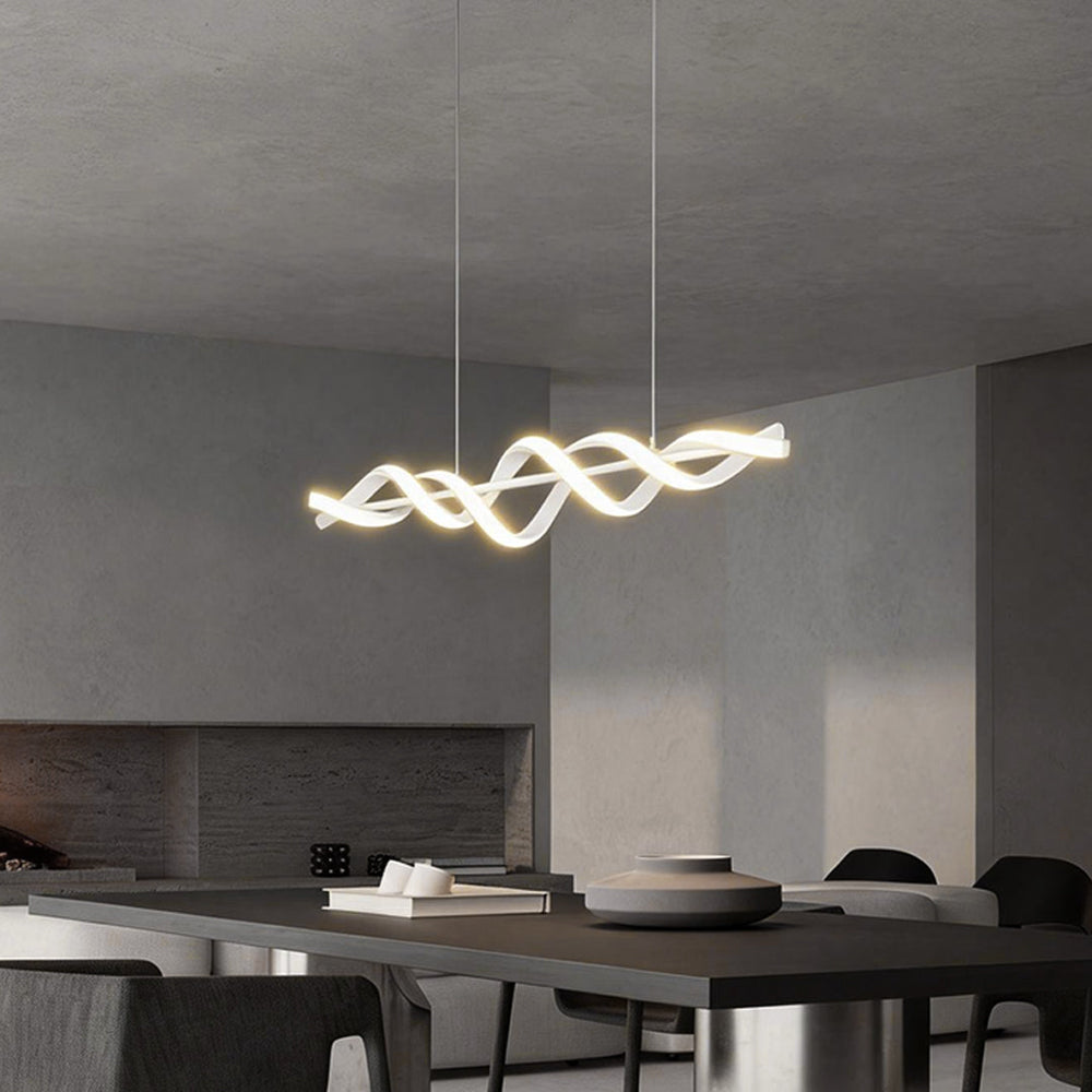 White Spiral LED Linear Pendant, Twisted Silicone Island Light
