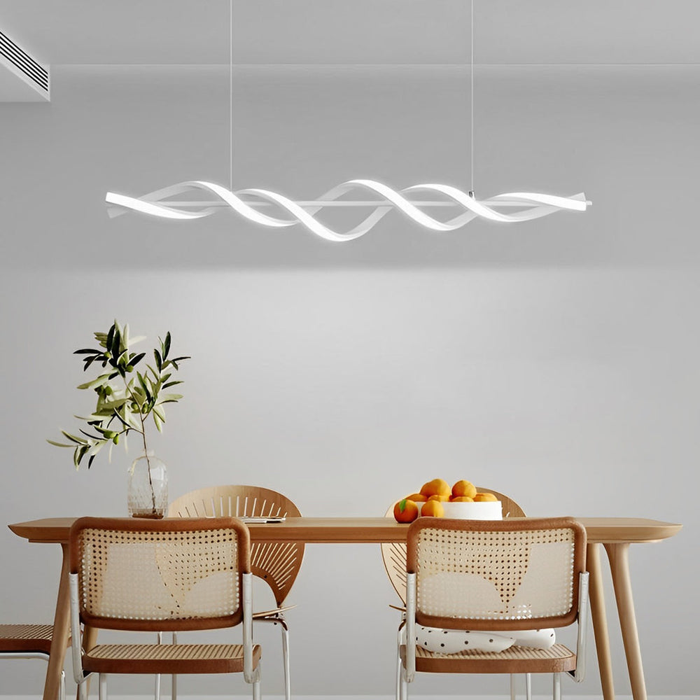 White Spiral LED Linear Pendant, Twisted Silicone Island Light
