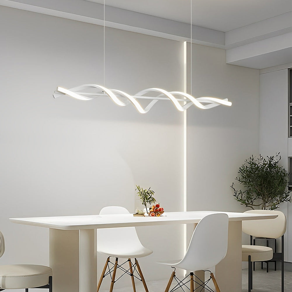 White Spiral LED Linear Pendant, Twisted Silicone Island Light