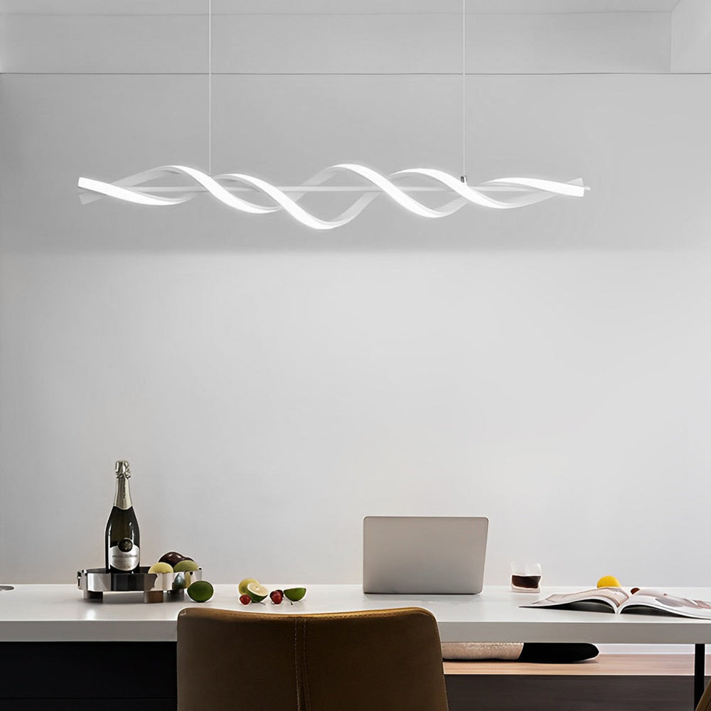 White Spiral LED Linear Pendant, Twisted Silicone Island Light