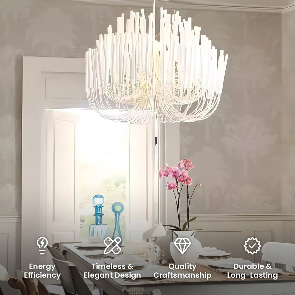 Whitewashed Wood Candlestick Chandelier: energy efficiency, timeless and elegant design, quality craftsmanship, durable and long-lasting