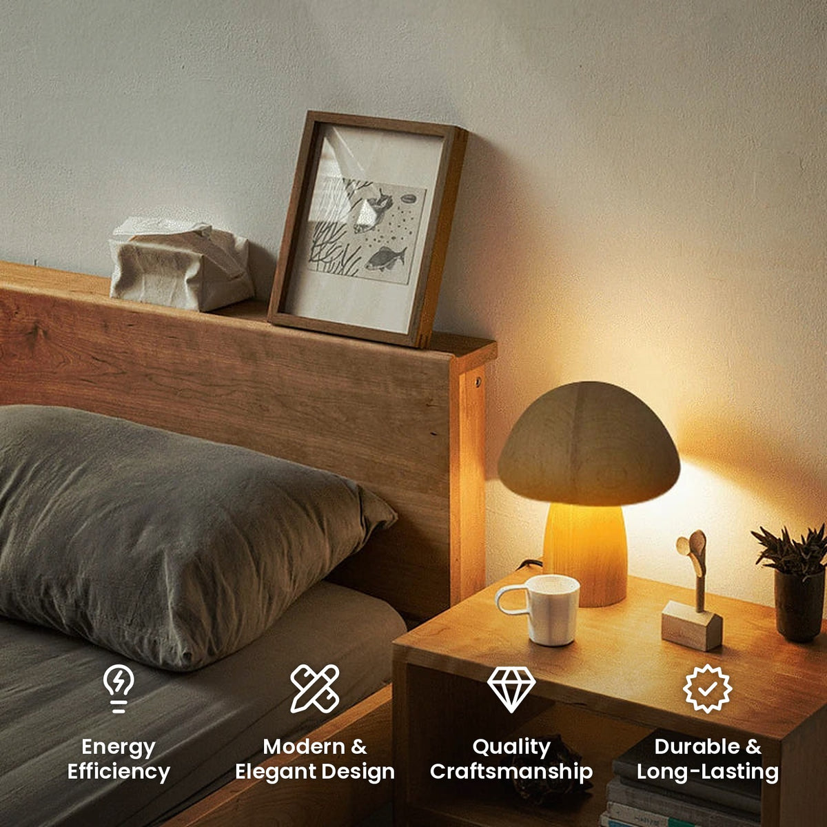 Wooden Mushroom Touch Night Light: energy efficiency, modern and elegant design, quality craftsmanship, durable and long-lasting