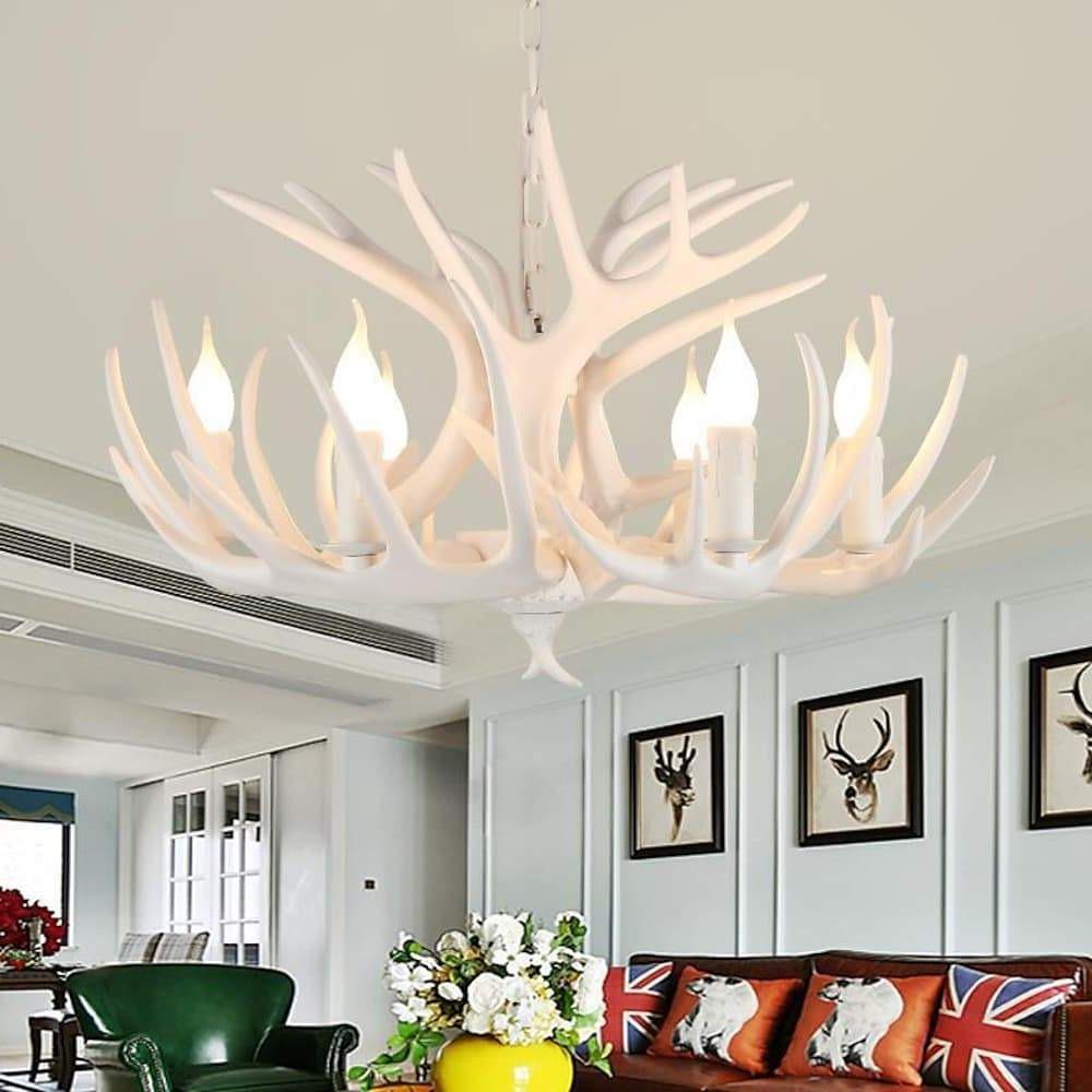 White Antler Candle Chandelier, Resin Rustic Lodge Ceiling Light