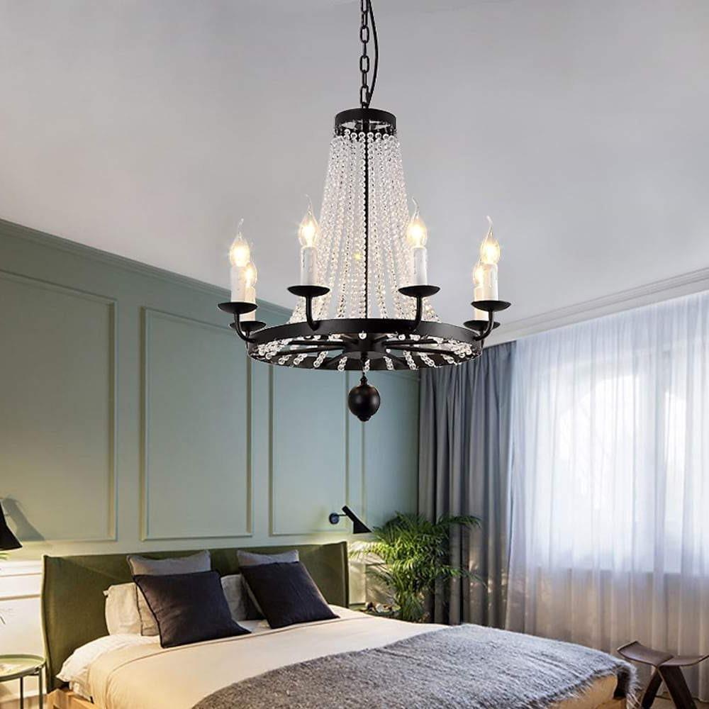 Crystal Cascade Wagon Wheel Candle Chandelier, Black Metal Light 2